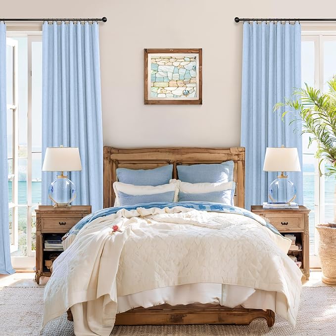 Pitalk 100% Blackout Light Blue Curtains 84 Inch Length for Bedroom Window 2 Panel Room Darkening Insulated Thermal Sky Colored Pale Blue Black Out Curtain Drapes for Living Room 84 Long Coastal Decor