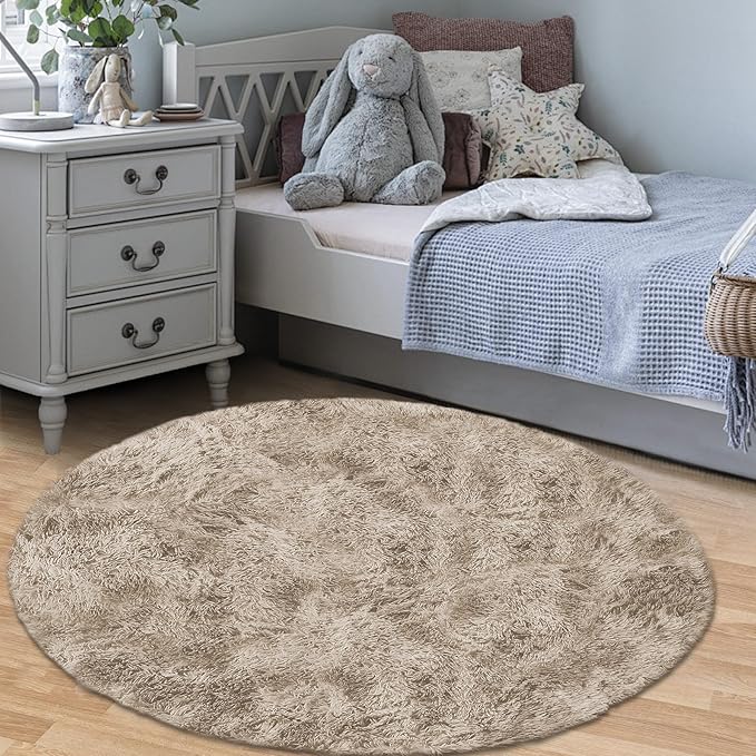 Camel Round Rugs for Bedroom: 4ft Circle Fluffy Shag Soft Washable Rug Small Fuzzy Plush Indoor Carpet for Kids Girls Boys Nursery Dorm Classroom (Camel, 4'x4')