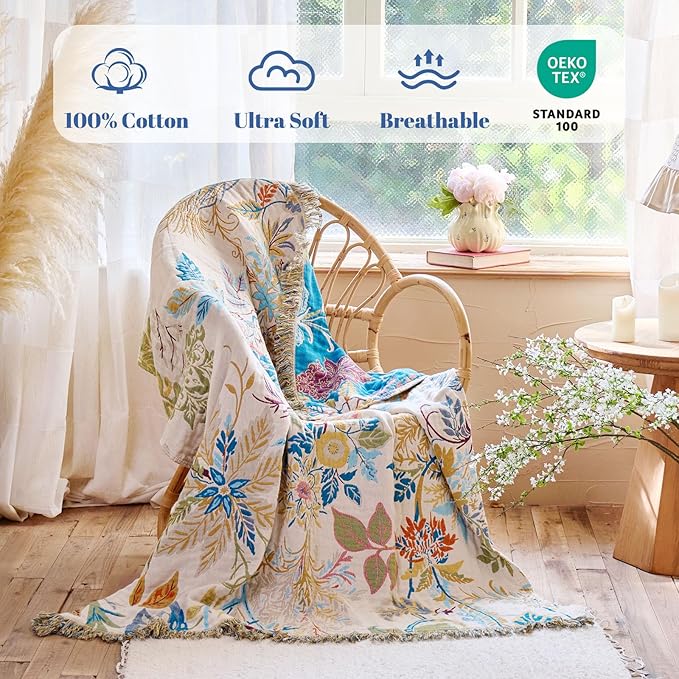 MSGKV Boho Throw Blanket for Bed Cotton 60"x80" Floral Blanket Twin Size Couch All Seasons Muslin Spring Breathable Lightweight Farmhouse Blankets