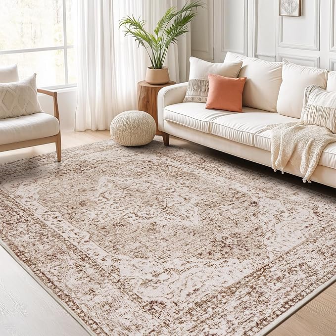 Lofus 6x9 Area Rugs for Living Room, Washable Area Rug, Rugs for Bedroom, Kitchen, Vintage Boho Carpet, Soft Non-Slip, Low Pile Large Area Rug for Office Dining Room, Vintage Beige Brown