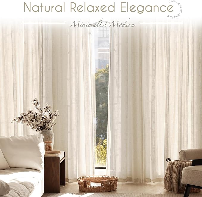 Apricot Linen Curtain 108 inch Length 2 Panels Set Back Tab Light Filtering Living Room Curtain Drapes Home Office Modern Minimalist Decor Farmhouse Boho Neutral Cream Semi Sheer Curtain 108 inch Long