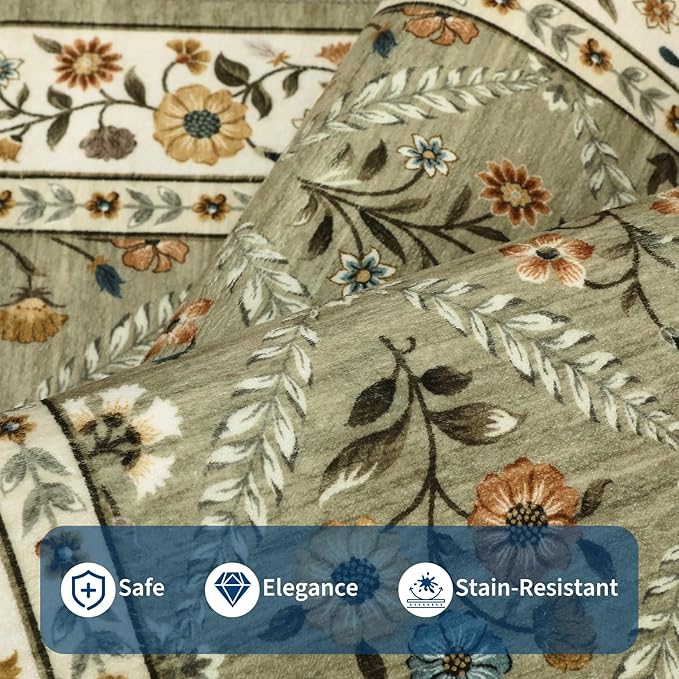 Large Entryway Rug 3x5 Floral Washable Area Rugs Vintage Soft Non-Slip Small Floor Carpet Doormat Stain Resistant Low-Pile Ultra-Thin Entry Mat for Bedside Kitchen Green
