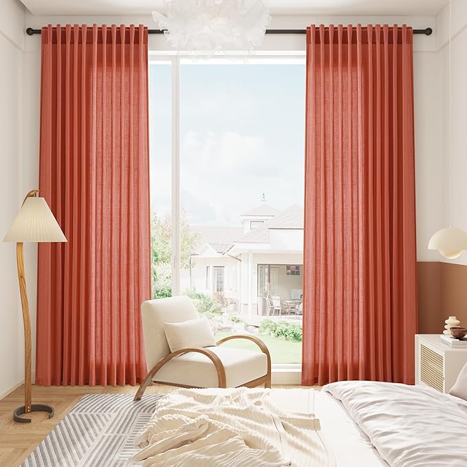 Coral Linen 96 Inch Length Curtains Panels 2 Panel Set Back Tab Rod Pocket Textured Sheer Light Filtering Boho Aesthetic Room Decor Burlap Drapes for Bedroom and Living Room Curtain 8Ft 52x96 Inch