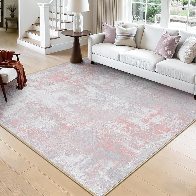 Washable Area Rugs Square 8ft Non-Slip Modern Abstract Soft for Living Room Entryway Bedroom Nursery, Print Pattern, Grey Pink