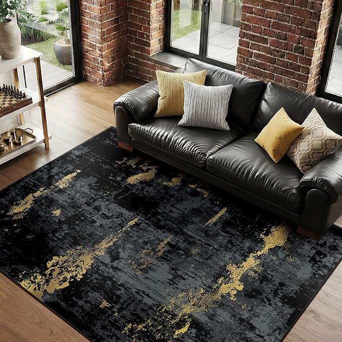 Washable Area Rugs 8'x10' Non-Slip Modern Abstract Soft for Living Room Entryway Bedroom Nursery, Print Pattern, Dark Black Gold