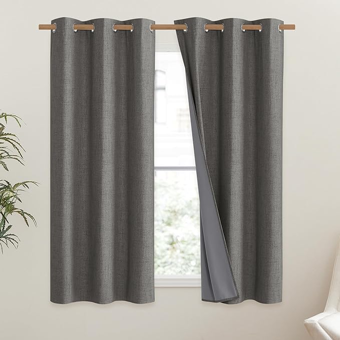 NICETOWN Grizzle Gray Vintage Linen 100% Blackout Curtains for Dining Room, Thermal Insulated Curtains 45" Long, Noise Reducing Window Treatment Drapes for Kitchen, 42" Wide Per Panel, Set of 2