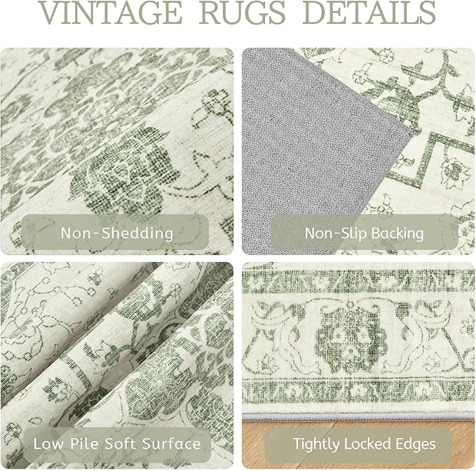 Madane 6x9 Area Rugs for Living Room, Vintage Stain Resistant Area Rug, Washable Floral Print Thin Floor Carpet with Non-Slip Backing for Bedroom Dining Room, Green/Ivory