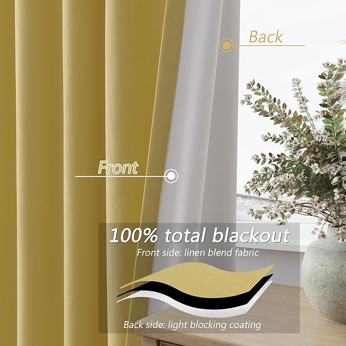 Guken Yellow 100% Blackout Linen Curtains 96 Inch Length 2 Panels Set for Living Room Bedroom Back Tab/Rod Pocket Thermal Insulated Black Out Drapes Room Darkening Window Curtains 96 Inches Long