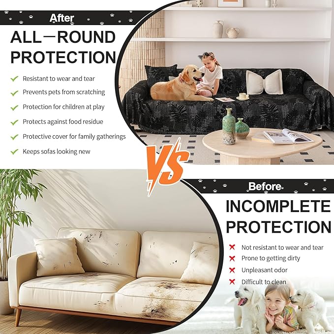 HANDONTIME Washable Couch Covers for Sofa Boho Couch Covers for 3 Cushion Sofa Pet Friendly Black Chenille Jacquard Couch Protector for Dogs Plant Branch Sectional Cover Sofa Slipcovers, 71" X 134"