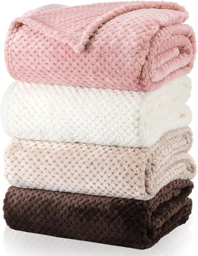 Newwiee 4 Pcs Flanne Fleece Throw Blanket for Bed Couch Large 3D Waffle Textured Soft Blanket Winter Warm Lightweight No Shedding No Pilling Decorative Throw, 50x60 Inch(Graceful Color)