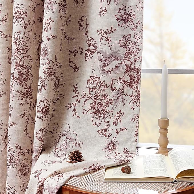 jinchan Blackout Floral Curtains for Living Room Bedroom Linen Blend Curtain Farmhouse Brick Red Printed with Lined Back Tab Rod Pocket Drapes Window Treatments 2 Panels 84 Inch