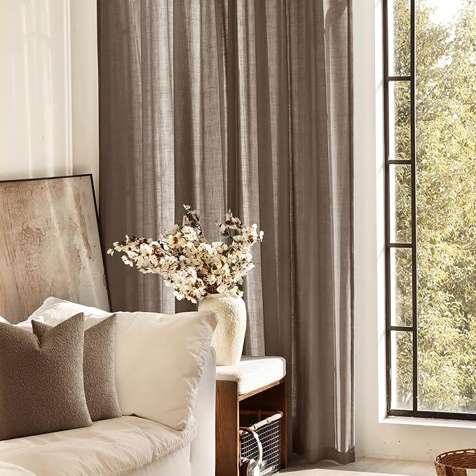 Chocolate Brown Linen Curtain 90 inch Length 2 Panels Set Back Tab Light Filtering Living Room Curtain Drapes Home Office Modern Minimalist Decor Farmhouse Boho Neutral Semi Sheer Curtain 90 inch Long