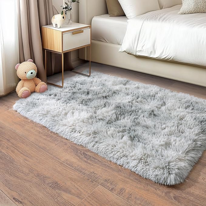 Pionblank Fluffy Small Rug for Bedroom 2x3 Feet, Shag Soft Area Rug, Modern Plush Carpet, Furry Cute Bedside Rug for Kids Girls Boys Room Nursery Decor, Tie Dye Grey