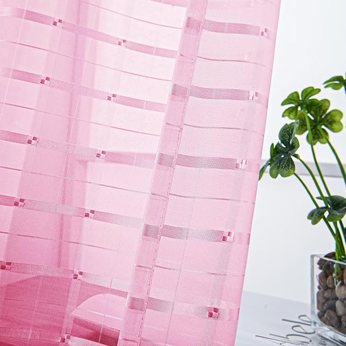 SpaceDresser Check Sheer Curtains 45 Inches 2 Panels Set, Rod Pocket Plaid Window Curtain for Living Room, Pink Semi Sheer Drapes for Kitchen Bedroom Children Room Yard（Pink, 52W x 45L）