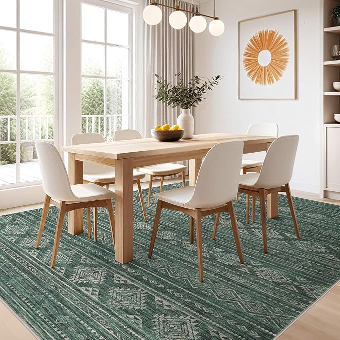 Nakagishi 7x9 Area Rugs Living Room: Washable Boho Large Neutral Soft Farmhouse Rug Stain Resistant Modern Indoor Floor Non-Slip Carpet for Bedroom Nursery Kids Playroom Office Dining Room Dorm- Green