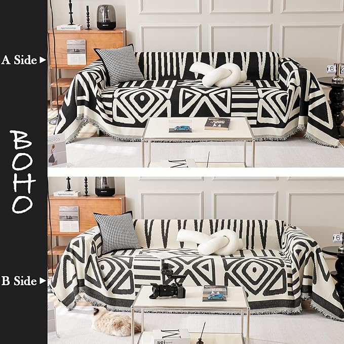 HANDONTIME Boho Sofa Covers for Dogs Black Couch Sofa Covers for 3 Cushion Couch Sofa Beige Chenille Sofa Slipcover Washable Sectional l Shaped Covers Pets Protector Furniture Covers, 91" X134"