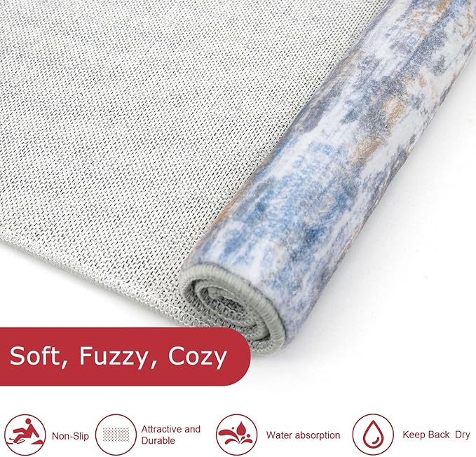 KOZYFLY Modern Abstract Washable Rug Runner 2x7 Hallway Runner Rug Non-Slip Soft Kitchen Runner Rugs, Print Blue Rust Striped Carpet Runner for Entryway Bathroom Laundry Room Foyer