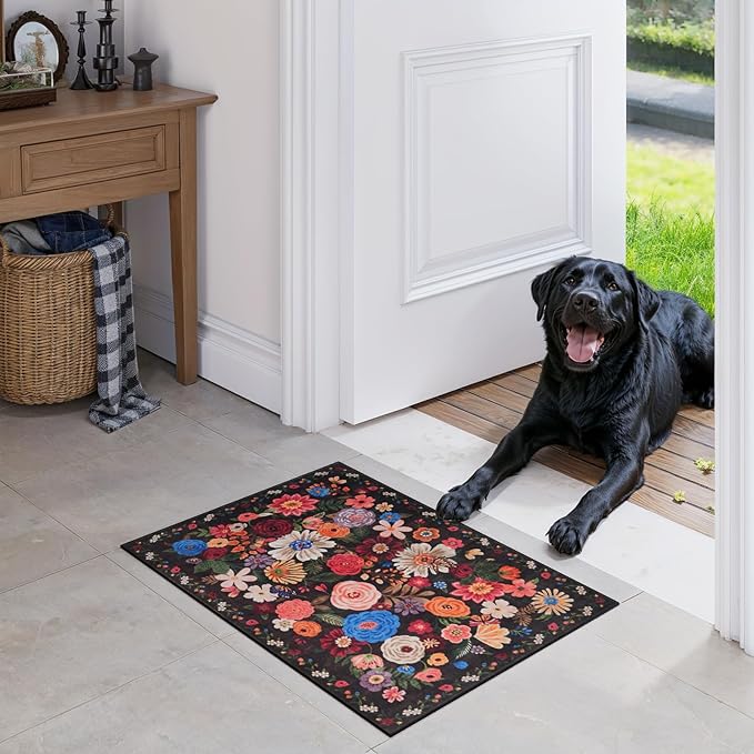 Black/Brown 24x17 Inch Home Decor Entry Rug, Small Door Mat Bath Mats for Bathroom, Ultra-Thin Non Slip Floral Low Pile Tub Mat for Sink Shower Doorway Tub Kitchen Sink(2 x 1.4 ft, Black/Brown)