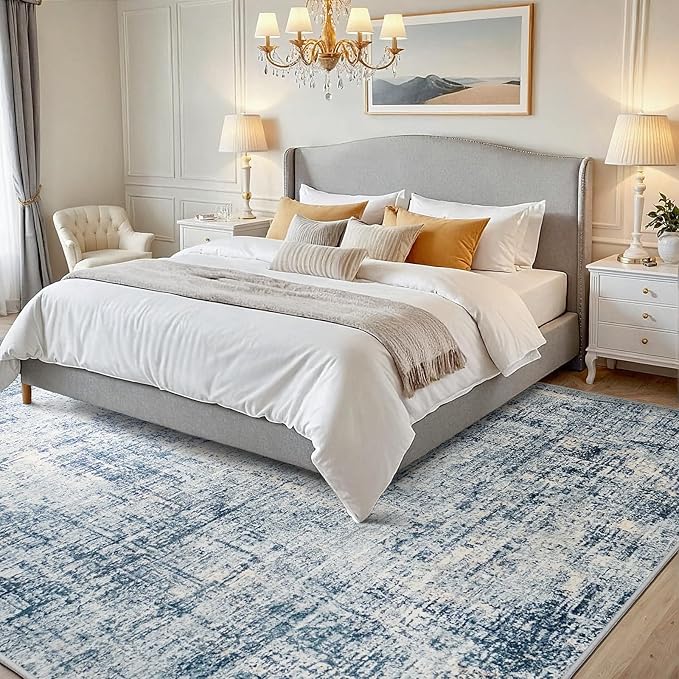 6x9 Area Rugs for Living Room Washable Rug: Anti-Skid Abstract Modern Living Room Rug Soft Thin Carpets Indoor Floor Non-Shedding Carpet for Bedroom Dining Farmhouse Nursery Home Office Blue Gold
