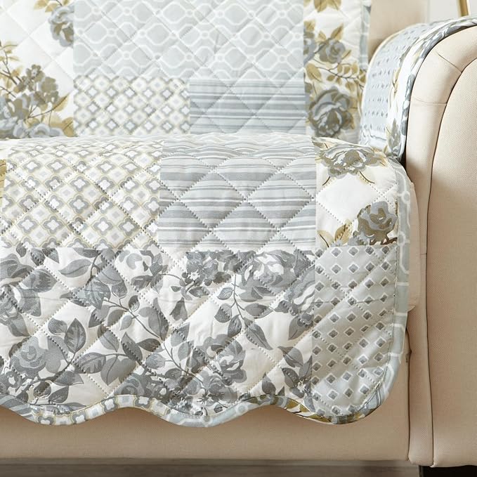 Great Bay Home Reversible Patchwork Chair Cover - Washable Slipcover Furniture Protector with Elastic Straps - Perfect for Kids & Pets - Box-Stitched Detail (Grey)