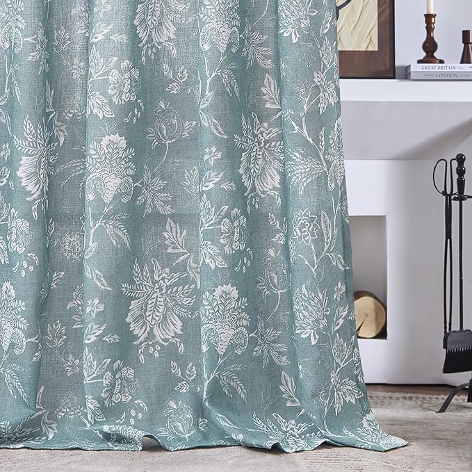 jinchan Linen Floral Curtains for Living Room, 63 Inch Length Curtains with Printed Flower Light Filtering Curtain, Rod Pocket Back Tab Blue Window Treatment Set Bedroom Curtain, 2 Panels Blue