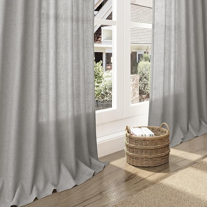 Nanspring Light Gray Linen Curtains 63 Inch Length for Living Room Back Tab and Rod Pocket Semi Sheer Curtain Simple Modern Coastal Room Decor Light Filtering Grey Drapes for Bedroom 52x63, 2 Panels