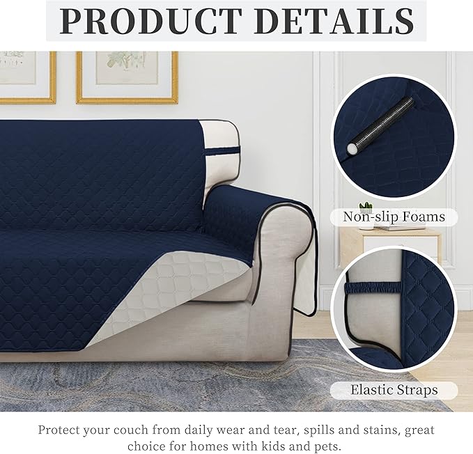 ISSUNTEX Double Protection 100% Waterproof Sofa Covers for Living Room, Reversible Couch Covers for 3 Cushion Couch Sofa, Furniture Protector Sofa Cover for Pets (X Large, Navy/Ivory)