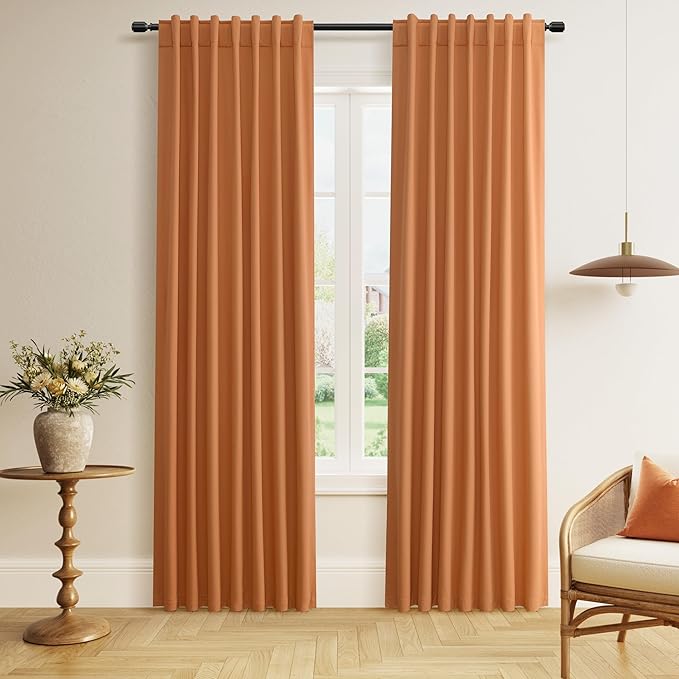 Guken Orange 100% Blackout Linen Curtains 84 Inch Length 2 Panels Set for Living Room Bedroom Back Tab Thermal Insulated Black Out Drapes Room Darkening Farmhouse Window Curtains 84 Inches Long