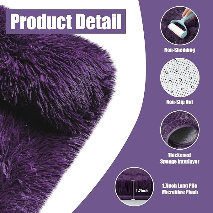 Shag Area Rug for Bedroom 3x5,Purple Fluffy Area Rugs for Living Room,Soft Fuzzy Rug Non-Shedding Indoor Plush Carpet for Kids Bedroom Nursery Dorm Home Decor