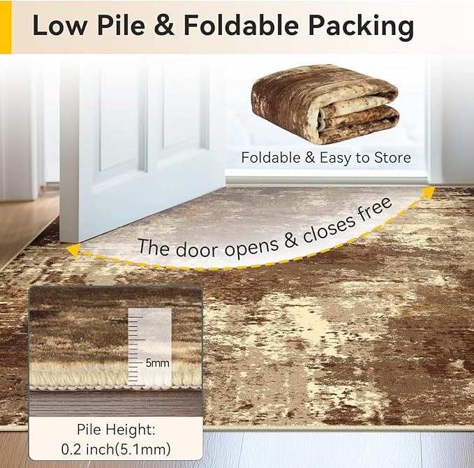 Washable Area Rugs 6'x9' Non-Slip Modern Abstract Soft for Living Room Entryway Bedroom Nursery, Print Pattern, Brown Tan Beige Coffee