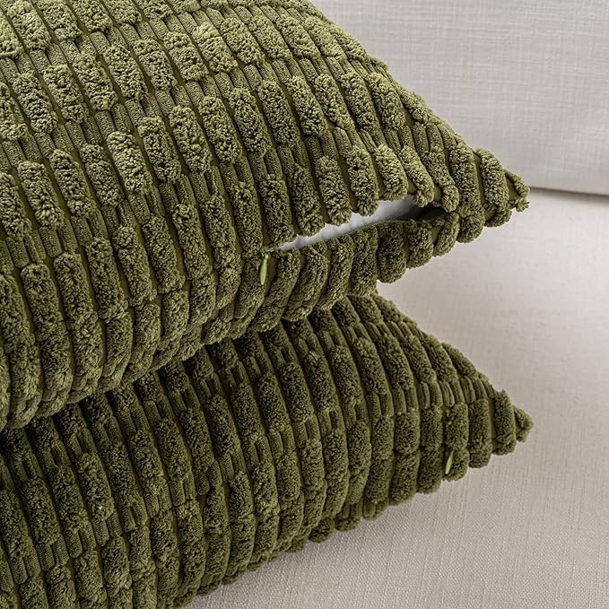Fancy Homi 4 Packs Boho Moss Green Decorative Throw Pillow Covers 12x24 Inch for Couch Bed Sofa, Rustic Modern Farmhouse Home Decor, Soft Plush Corduroy Cute Rectangle Cushion Case 30x60 cm