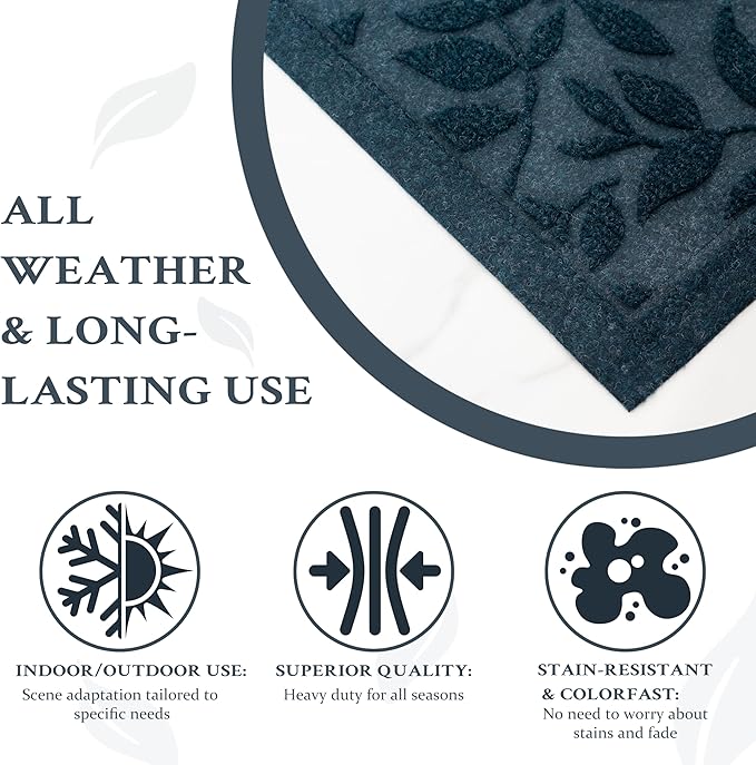 Blue Leaves Outdoor Indoor Entrance Doormats, Absorbent Durable Heavy Duty Welcome Front Door Mat,Thick Natural Rubber Back,Easy Clean Entryway Mat 17x30 Inch, Low Profile