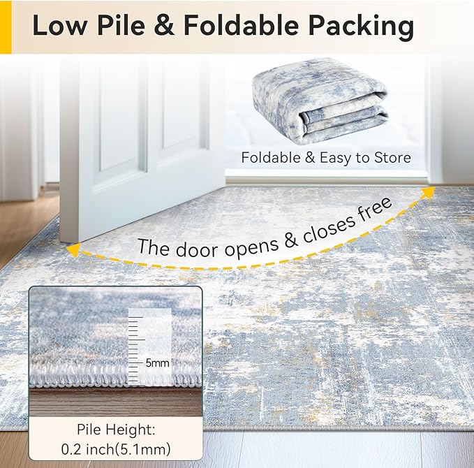 Washable Area Rugs 9'x12' Non-Slip Modern Abstract Soft for Living Room Entryway Bedroom Nursery, Print Pattern, Light Blue
