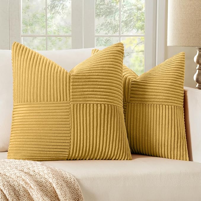 MIULEE Golden Mustard Decorative Throw Pillow Covers 20x20 Inch for Couch Bed Sofa Pack of 2 Boho Farmhouse Throw Pillows Soft Cross Corduroy Patchwork Textured Cushion Cases
