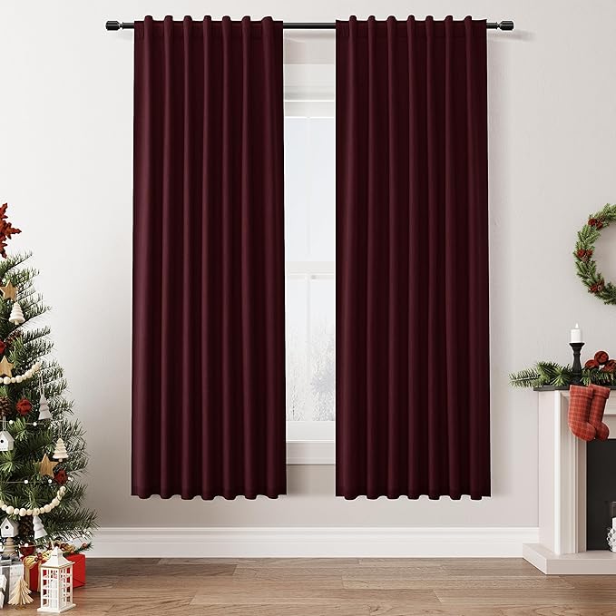 Burgundy 100% Blackout Linen Curtains 72 Inch Length 2 Panels Set for Living Room Bedroom Back Tab Thermal Insulated Black Out Drapes Room Darkening Farmhouse Style for Bedroom Window Curtains 52x72