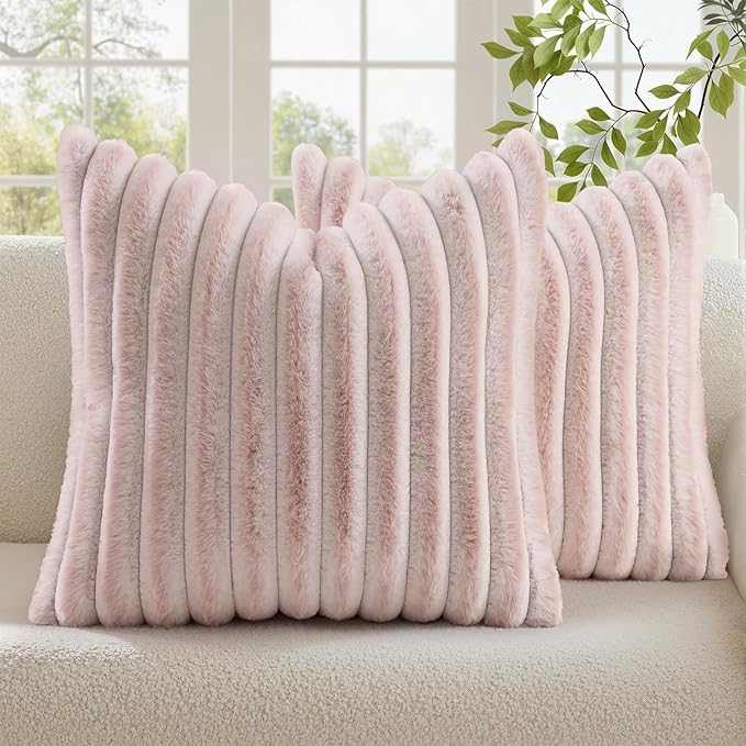 decorUhome Summer Cozy Faux Fur Throw Pillow Covers 18x18 Set of 2 Decorative Soft Plush Striped Modern Farmhouse Boho Couch Pillow Cases with Velvet Back for Sofa Bed Living Room, Pink White
