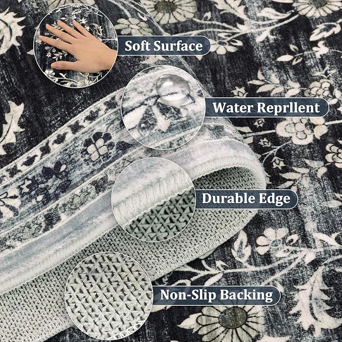 Yamaziot Washable Runner Rug 2x10 – Non Slip Boho Floral Hallway Runner Rug with Rubber Backing, Low Pile Faux Wool Distressed Carpet for Kitchen, Laundry, Bedroom, Entrance, Navy/Black