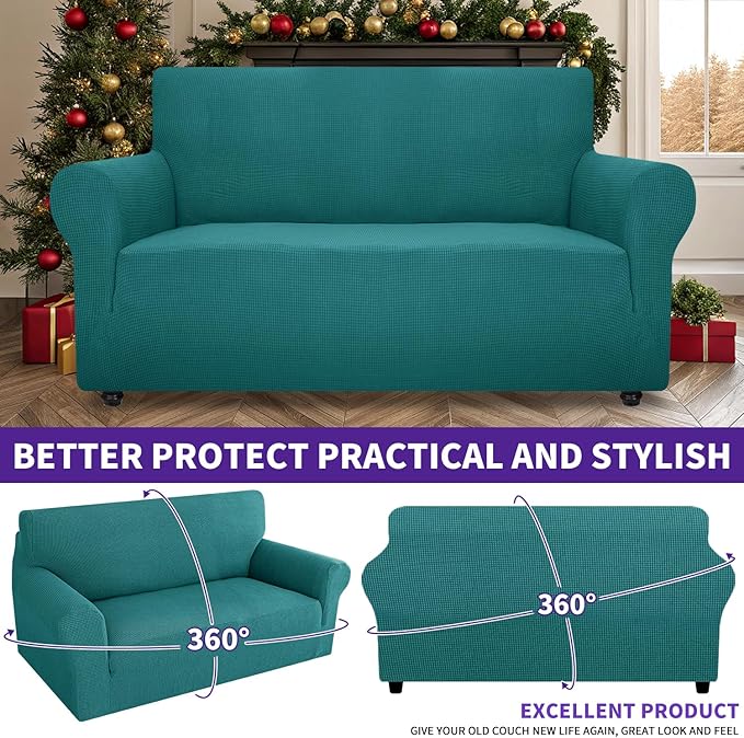 ZNSAYOTX Super Stretch Couch Cover Love Seat Sofa Covers for Living Room Dogs Pet Friendly Furniture Protector Spandex Loveseat Slipcovers with Anti Slip Foam Sticks (Peacock Teal, Loveseat)
