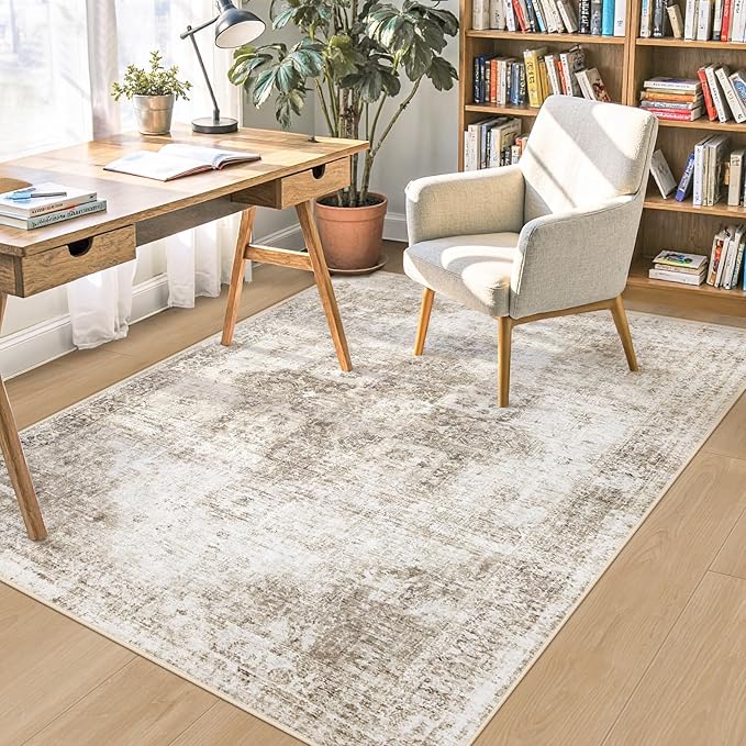 Area Rug 4x6 Washable Rug, Vintage Boho Medallion Rugs Non-Slip Soft Low Pile Distressed Rug Indoor Retro Carpet for Living Room Bedroom Dining Room Home Office (Taupe, 4'x6')
