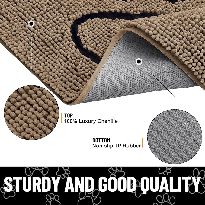 Smiry Dog Door Mat for Muddy Paws, Absorbent Dirt Trapper Non Slip Quick Dry Washable Chenille Mat for Mud Dogs, Entry Rug for Indoor and Outdoor (47x24 Inches, Camel and Black)