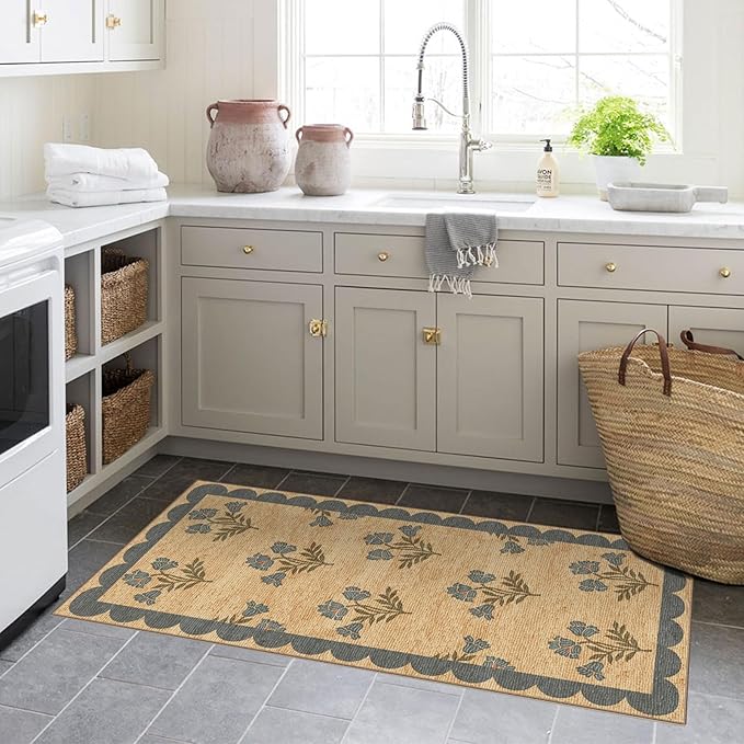 Front Door Mat Indoor Entrance - 2x4.3 Ft Blue Floral Washable Layered Doormat Outdoor Entrance Porch Rug Non-Slip Neutral Country Jute-Look Runner Rug for Kitchen Laundry Room Porch Decor