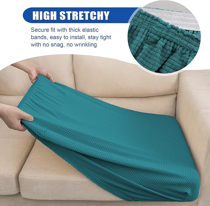 Water Repellent Sofa Cushion Covers, Stretch Sofa Seat Slipcover Furniture Protector for Sofa Pets with Elastic Bottom (Large, Dark Teal)
