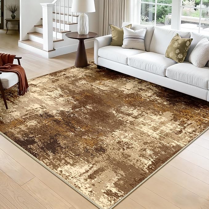 Washable Area Rugs Square 8ft Non-Slip Modern Abstract Soft for Living Room Entryway Bedroom Nursery, Print Pattern, Brown Tan Beige Coffee