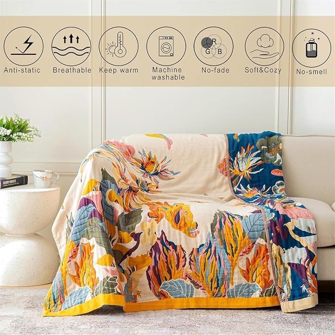 MSGKV Boho Throw Blanket King Size 108" x90'' Cotton Blanket for Bed Spring Decoractive Breathable Throw Blankets Quilt Living Room