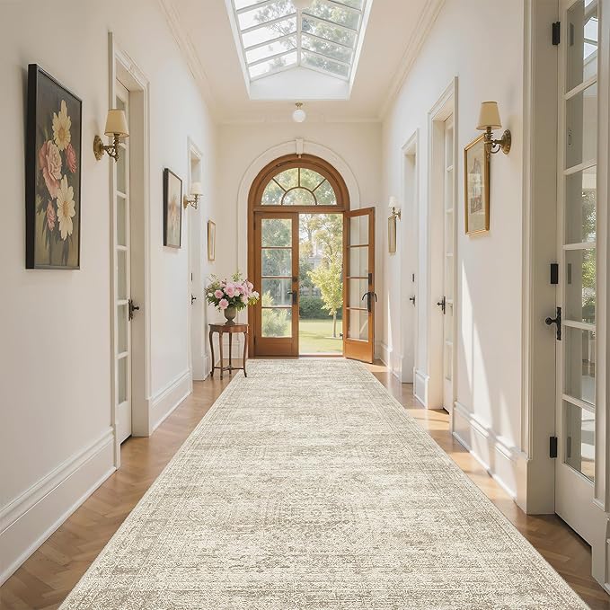 4x10 Wide Hallway Runner Rug: Washable Soft Rug Runners for Living Room Bedroom Ktichen, Stain Resistant Low Pile Area Rugs Non Slip Floor Carpet (Beige, 4x10)