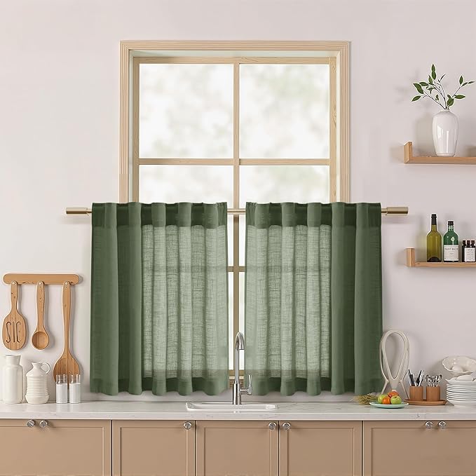 Nanspring Olive Green Cafe Linen Curtains 24 Inch Length 2 Panels Semi Sheer Mini Curtains for Small Window Kitchen Back Tab Rod Pocket Short Sheer Bathroom Curtain 36x24 Inches
