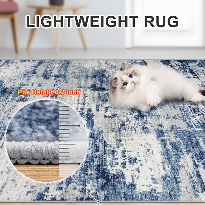 Area Rugs 10x12 Living Room - Washable Rug Modern Abstract Soft Large Neutral Non-Slip Carpet Indoor Floor Thin Carpets for Bedroom Dining Room Farmhouse Nursery Home Office Blue Gray
