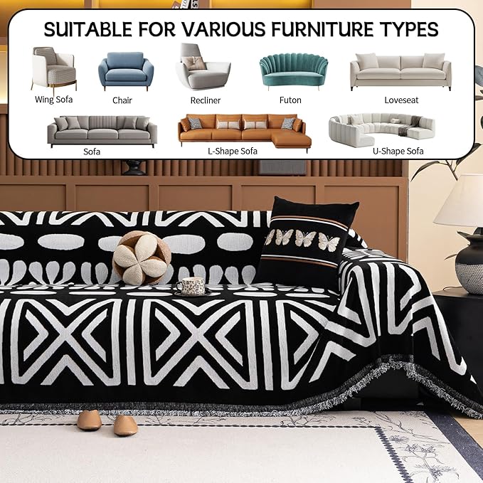 HANDONTIME Boho Couch Cover Blanket Geometric Striped Pet Covers for Couches and Sofas Black and White Dog Cover for Couch Pet Friendly Chenille Sectional Sofa Covers for Pets Washable, 71" X 150"
