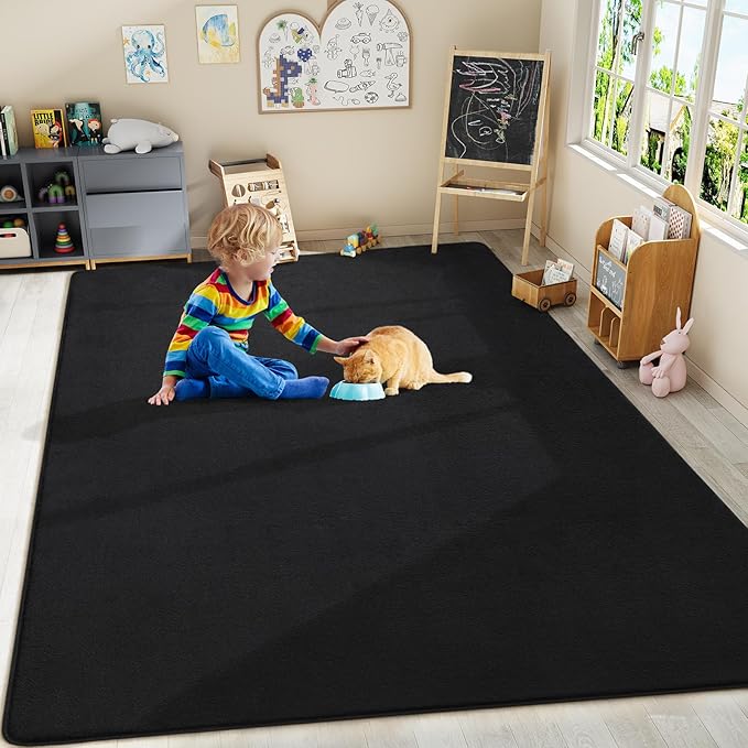 Amearea Modern Area Rugs for Bedroom Living Room, 4x6 Feet Black Thickened Memory Foam Rug, Fluffy Indoor Washable Rugs Non Slip Minimalist Carpet for Kids Boys Girls Dorm Nursery Room Decor