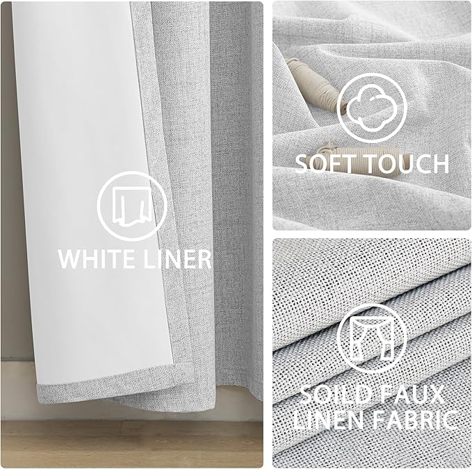 Yakamok White Curtains 100% Blackout 84 Inches Long,Room Darkening Textured Curtains for Living Room Thermal Grommet Bedroom Curtain 2 Panels with Greyish White Liner
